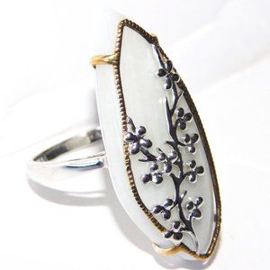 925 Sterling Silver/Gold Chinese Blossom Jade Ring